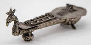 Asian Silver Metal Hand Carved Peacock Sitar Veena Form Box 1950