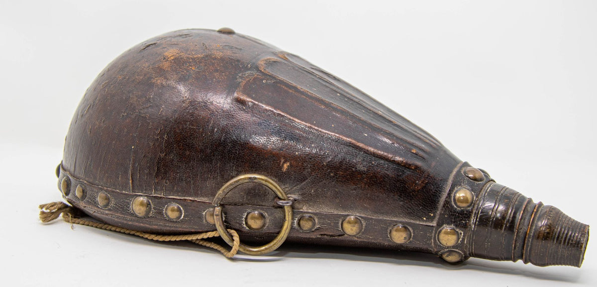 Antique Moroccan Carved Wood and Tooled Leather Powder Flask, 19th Century