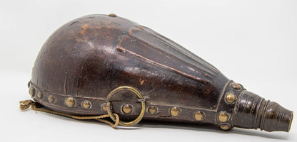 Antique Moroccan Carved Wood and Tooled Leather Powder Flask, 19th Century