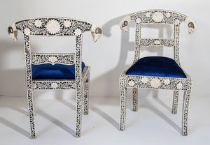 Antique Anglo-Indian Side Chairs with Ram's Head Bone Inlay Royal Blue Seat Pair