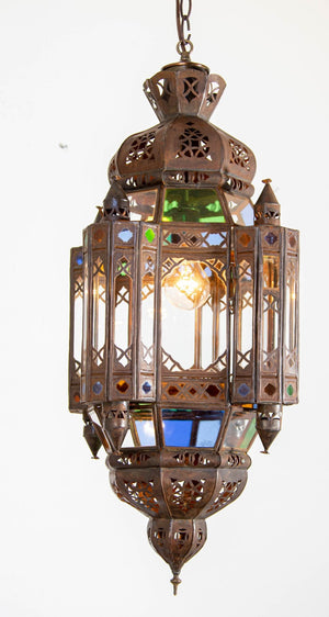 Vintage Moroccan Traditional Moorish Metal and Glass Lantern Ceiling Light