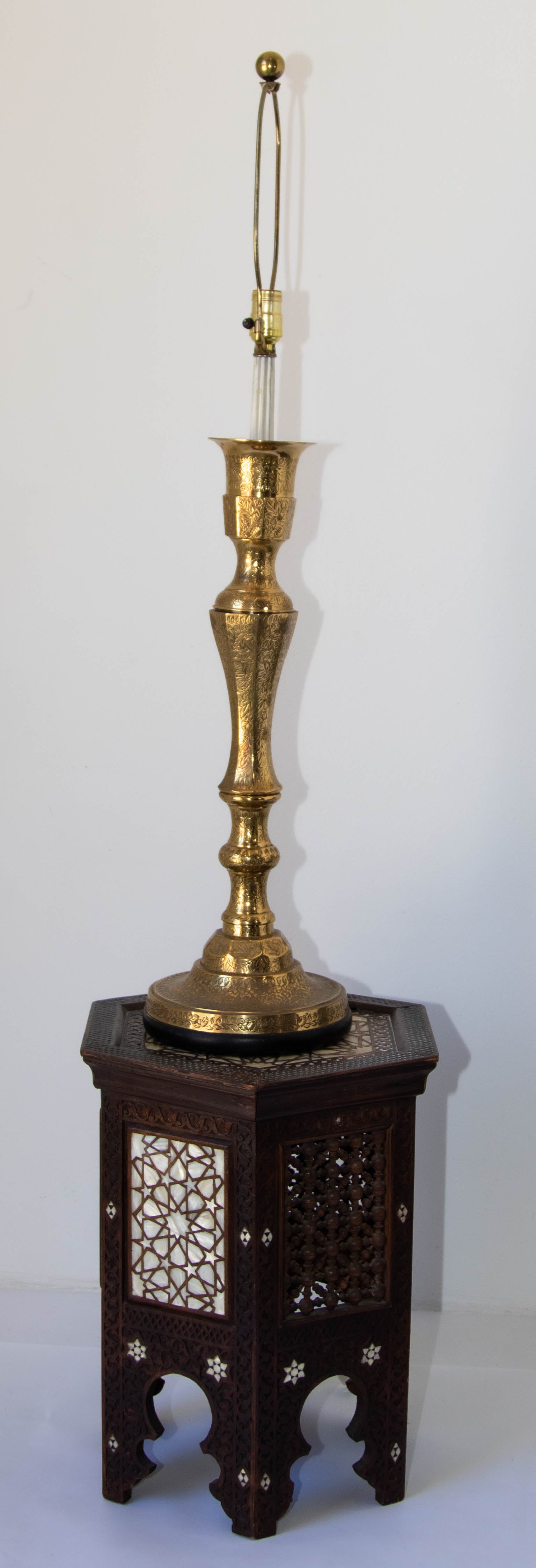 Vintage Polished Etched Solid Brass Candle Holder Table Lamp India