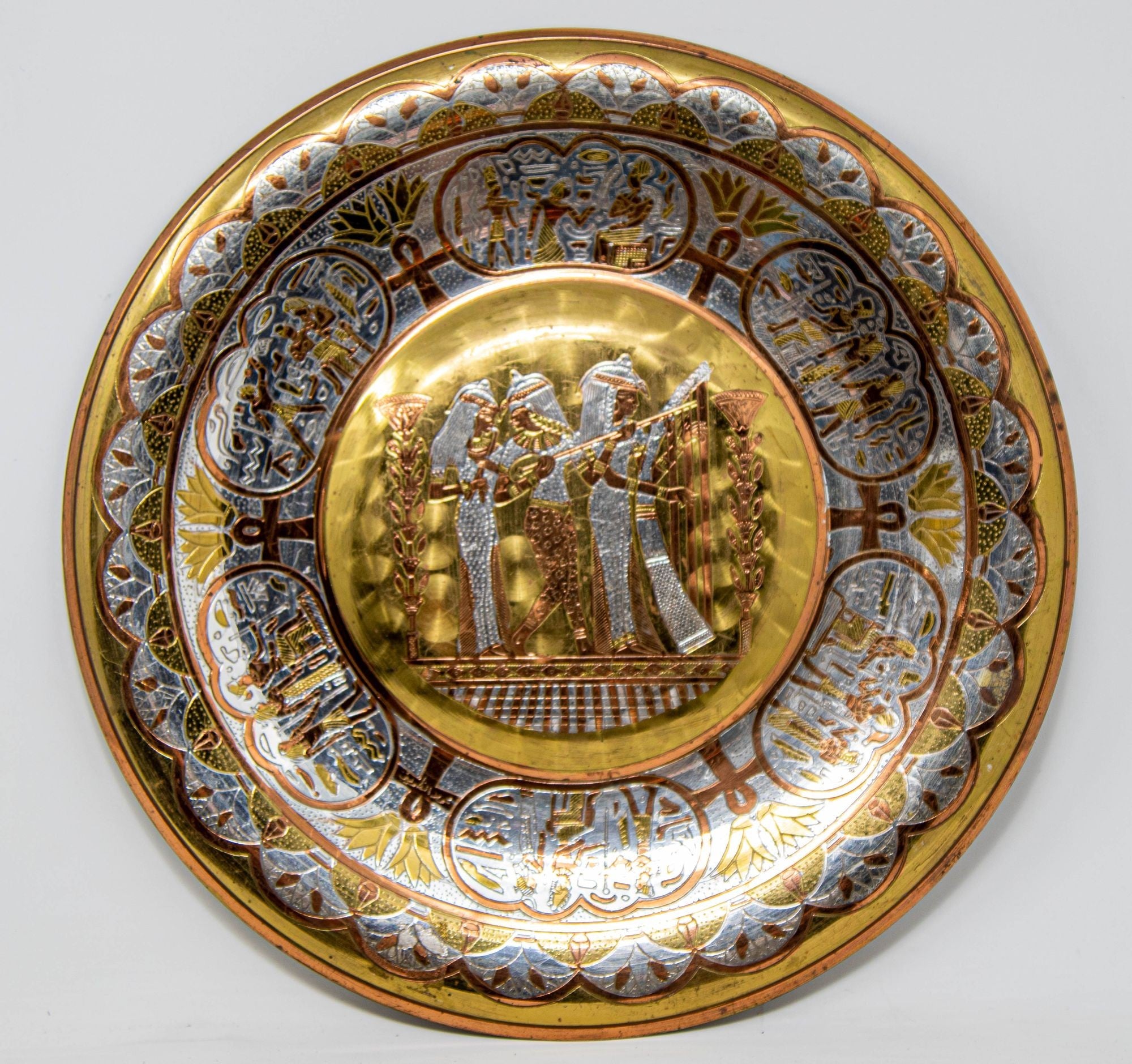 Egyptian Round Brass Tray with Silver and Copper Overlay Wall Hanging 1970