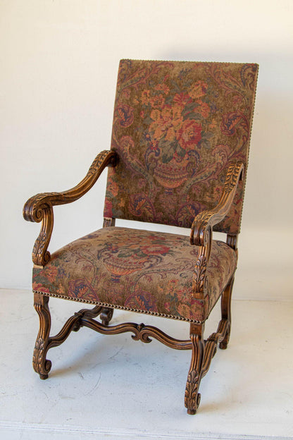 French Baroque Walnut Armchairs with Aubusson Upholstery, Circa 1930 — detail view 19