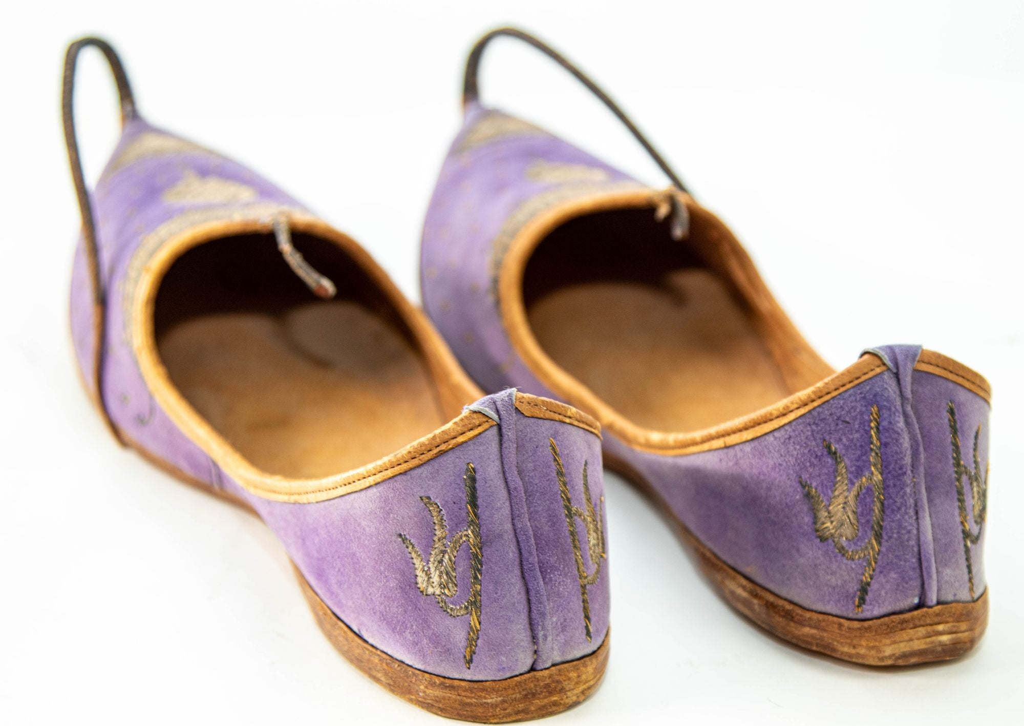 Antique Leather Purple Velvet Suede Mughal Raj Moorish Shoes Gold Embroidered