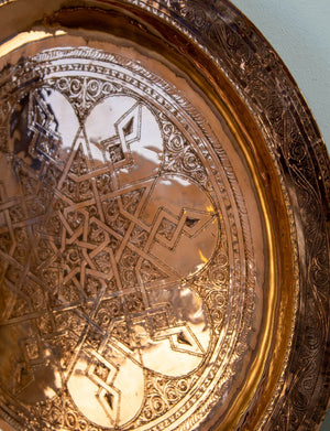 1920s Antique Hand Tooled Oversized Moroccan Metal Copper Tray 31 in. D.