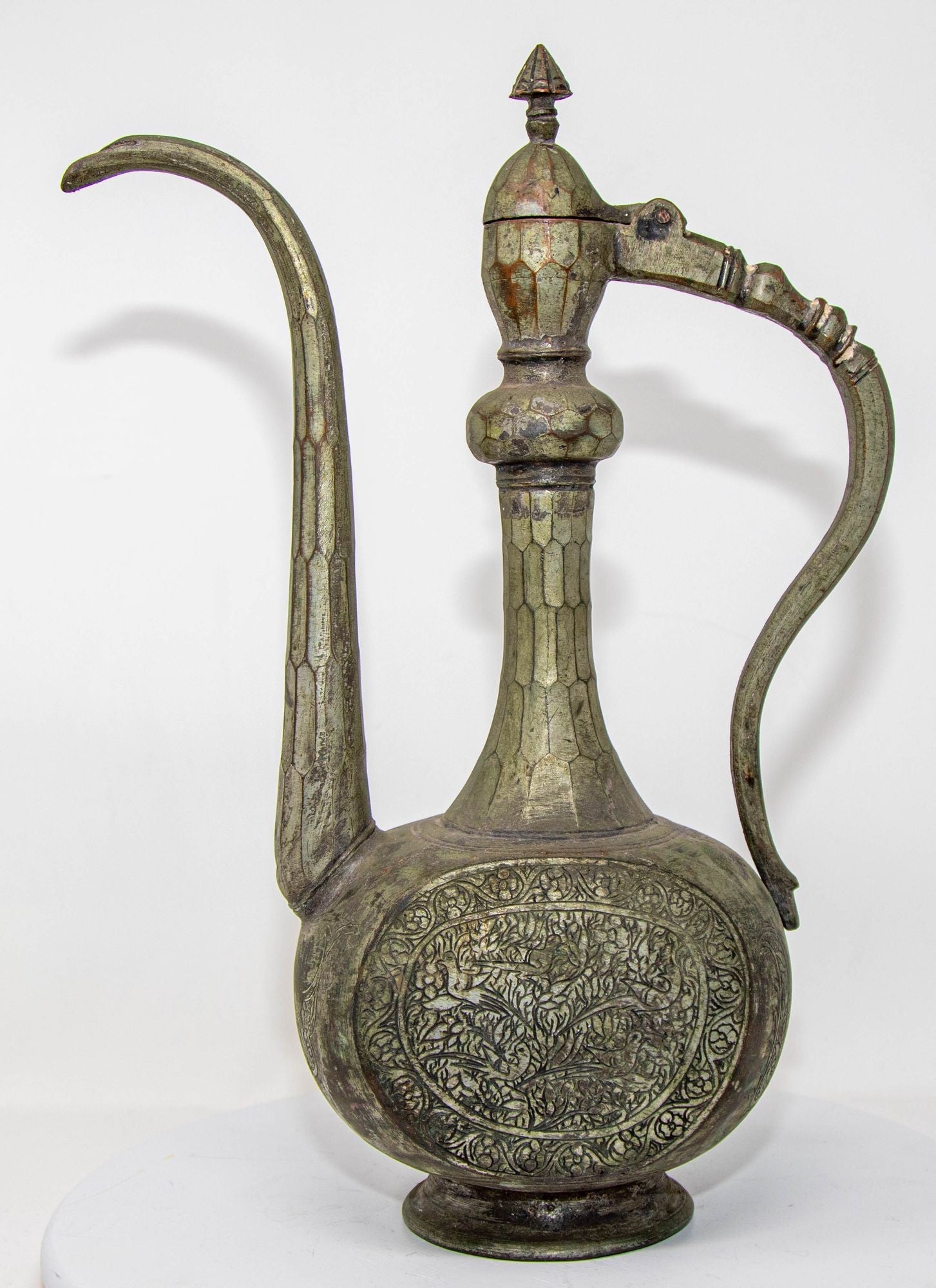 Antique Islamic Middle Eastern Qajar Persian Tinned Metal Ewer 19th Century