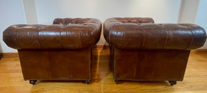 Vintage English Brown Leather Tufted Chesterfield Club Armchairs a Pair