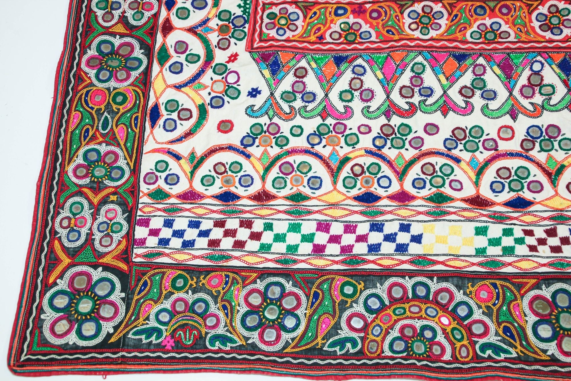 1920's Indian Gujarati Rabari Kutch Silk Embroidered Ethnic Textile with Mirror