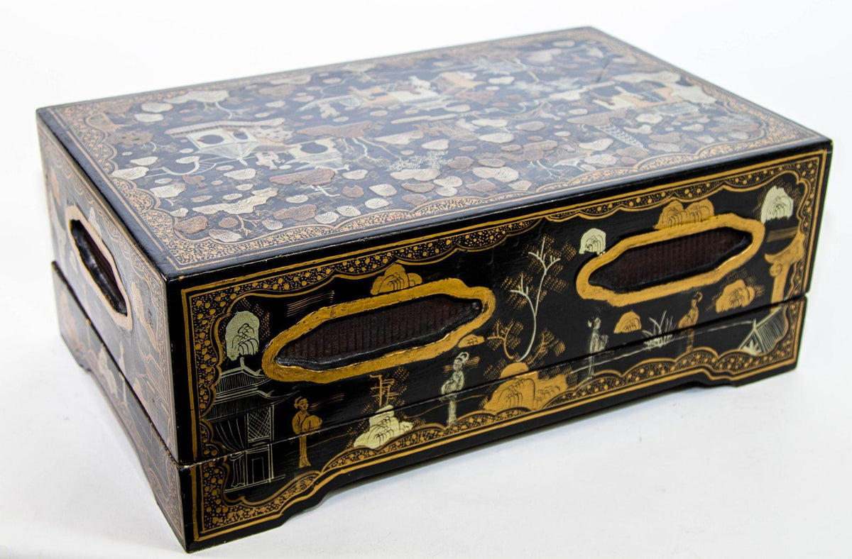 Large Chinoiserie Rectangular Black Lacquered Gilt Painted Covered Box 1950s — additional view 18