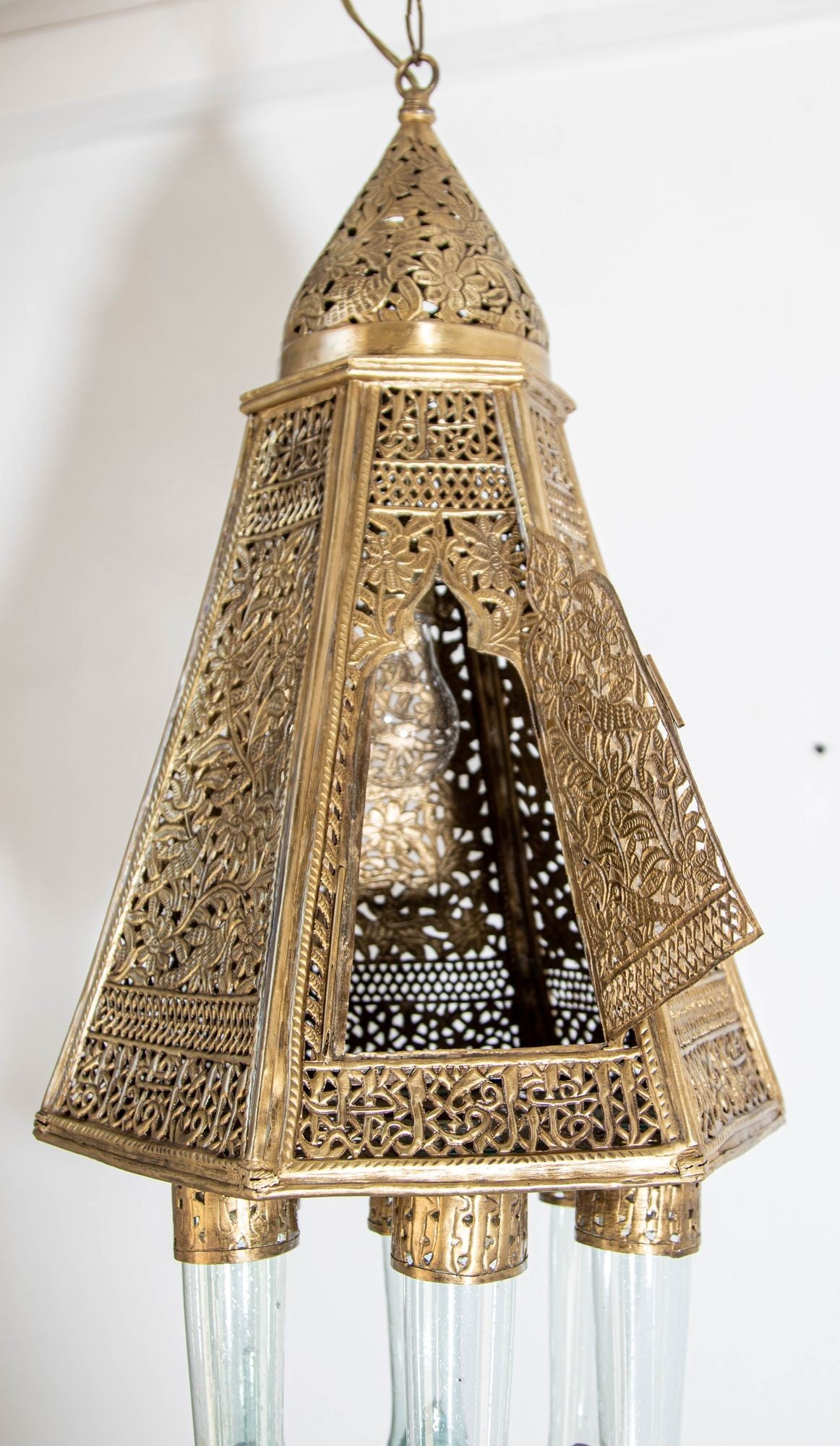 Antique Mamluk Turkish Pierced Brass Hanging Hexagonal Pendant Light Fixture