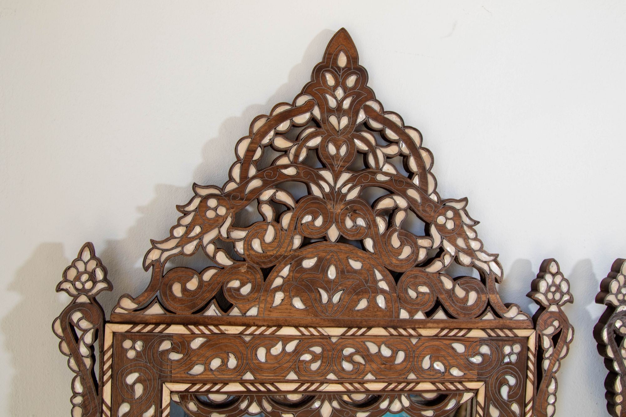 Damascene Moorish Bone Inlaid Mirrors With Floral Motif 52" H. A Pair