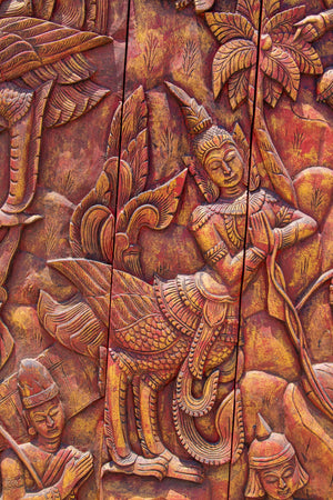 Antique Monumental Asian Hand-Carved Wooden Decorative Mural Panel 8ft