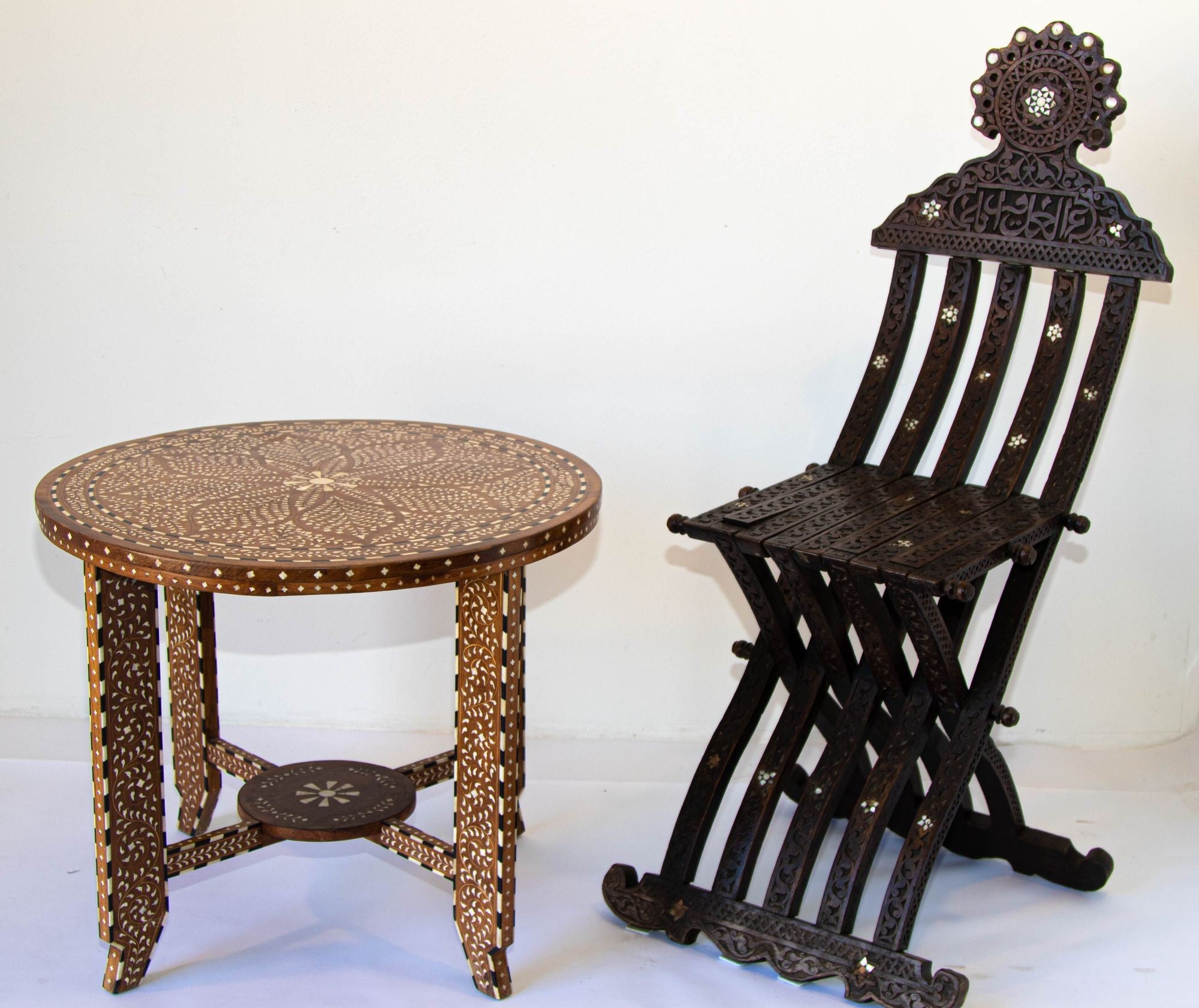 Anglo Indian Mughal Teak Wood Round Side Table with Bone Inlaid