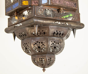 Vintage Moroccan Hanging Lantern Clear and Multicolor Glass Made in Marrakech