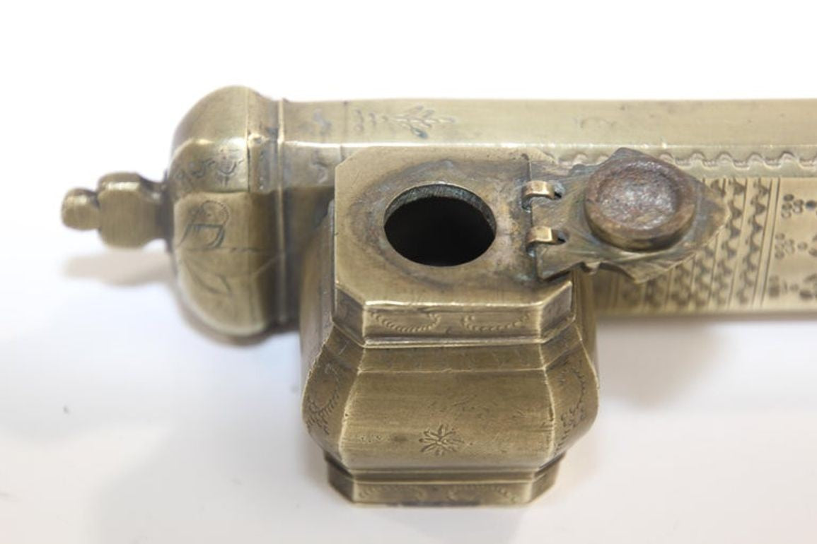 Antique Brass Qalamdan Inkwell, Moorish Design, Egypt, 1880