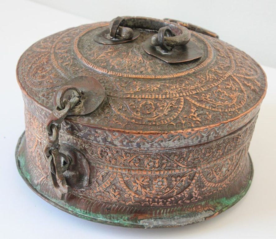 Antique South Asian Mughal Round Tinned Copper Box with Lid India 19th Century