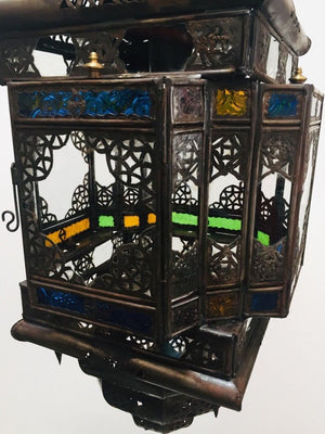 Moroccan Hall Lantern Light Fixture with Multi-Color Glass Moorish Style