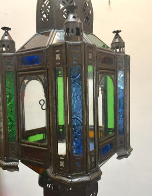 Moroccan Handcrafted Moorish Pendant Lantern with Multi-Color Glass