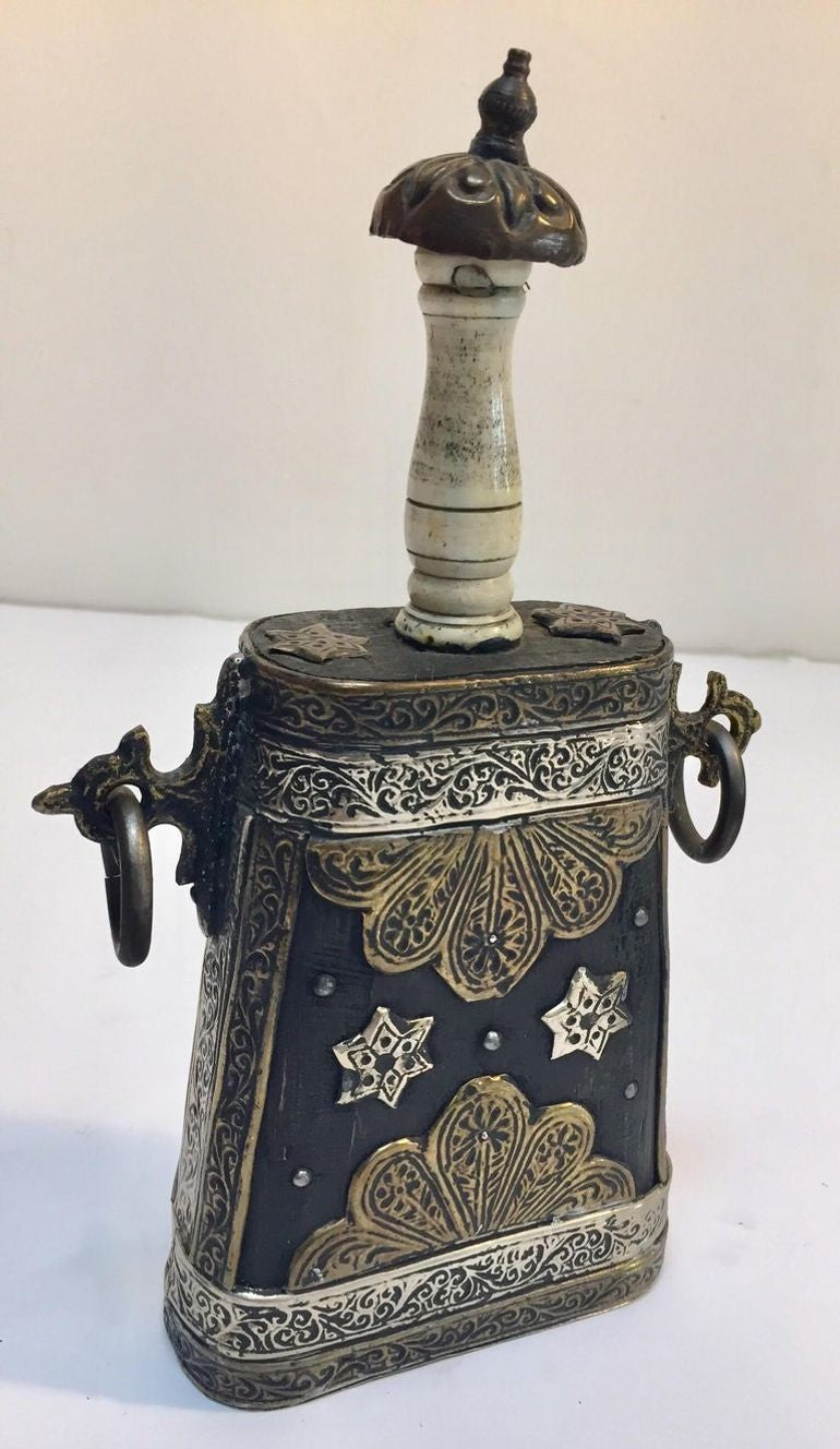 Antique Moroccan Berber Case Flask, Hand-Carved Wood & Brass, 1920s