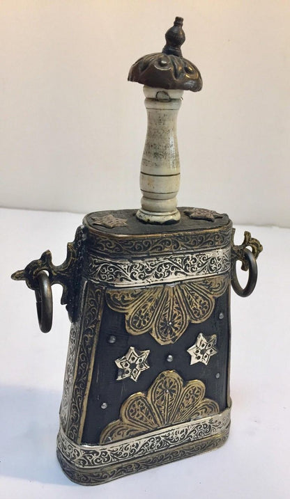 Antique Moroccan Berber Case Flask, Hand-Carved Wood & Brass, 1920s