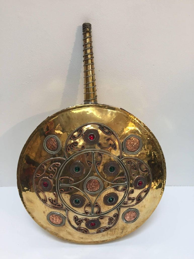 Handcrafted Moroccan Brass Drinking Flask with Glass Stones, 1940
