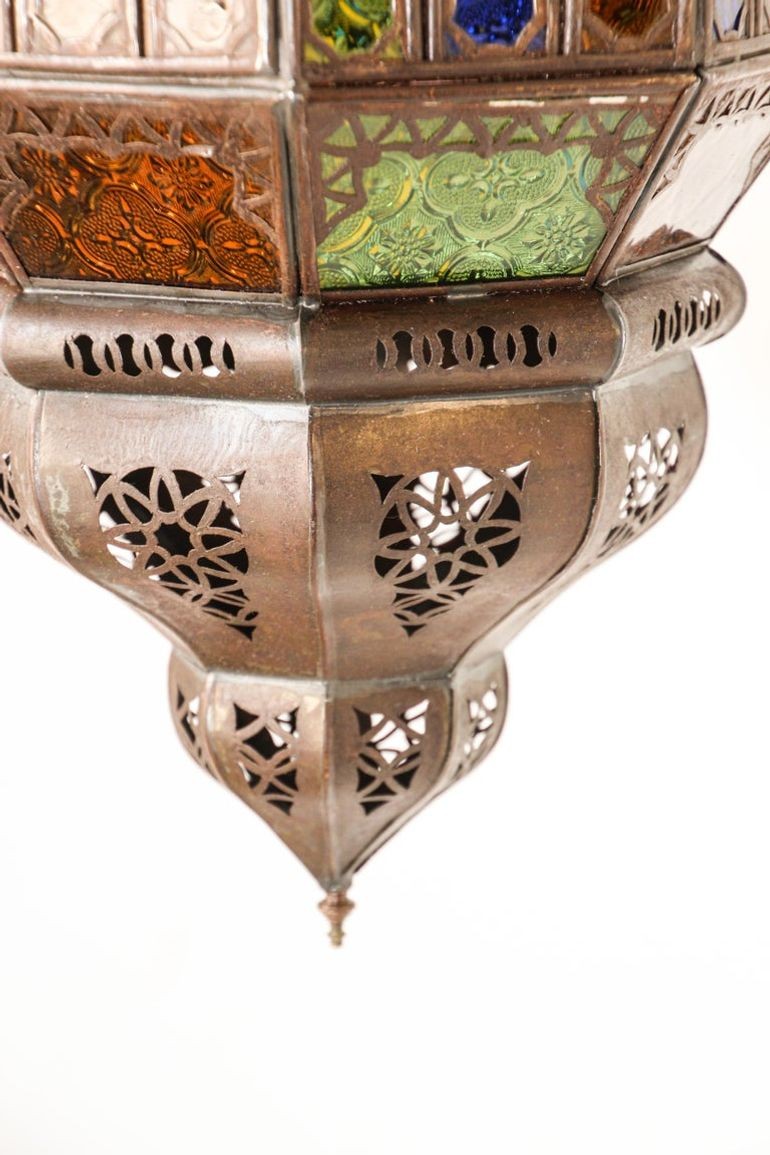 Moroccan Hanging Glass Lantern Moorish Metal Light Fixture with Stained Glass