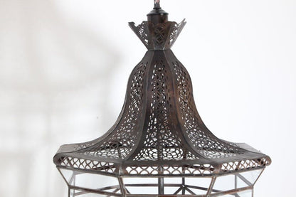 Vintage Moroccan Moorish Clear Glass Pierced Metal Lantern Chandelier, 1980s