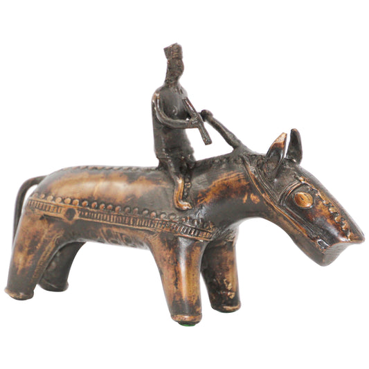 Brass Kondh Sculpture of a Tribal Warrior Riding a Beast — India