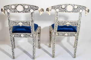 Antique Anglo-Indian Side Chairs with Ram's Head Bone Inlay Royal Blue Seat Pair