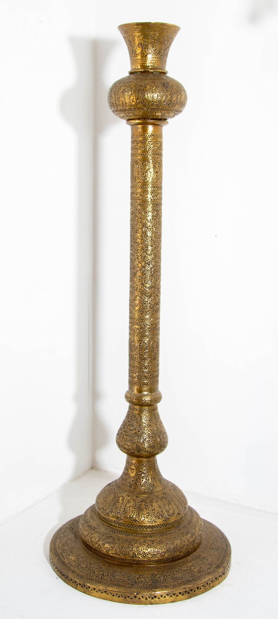 Antique Egyptian Mamluk Revival Pierced Brass Floor Candleholder