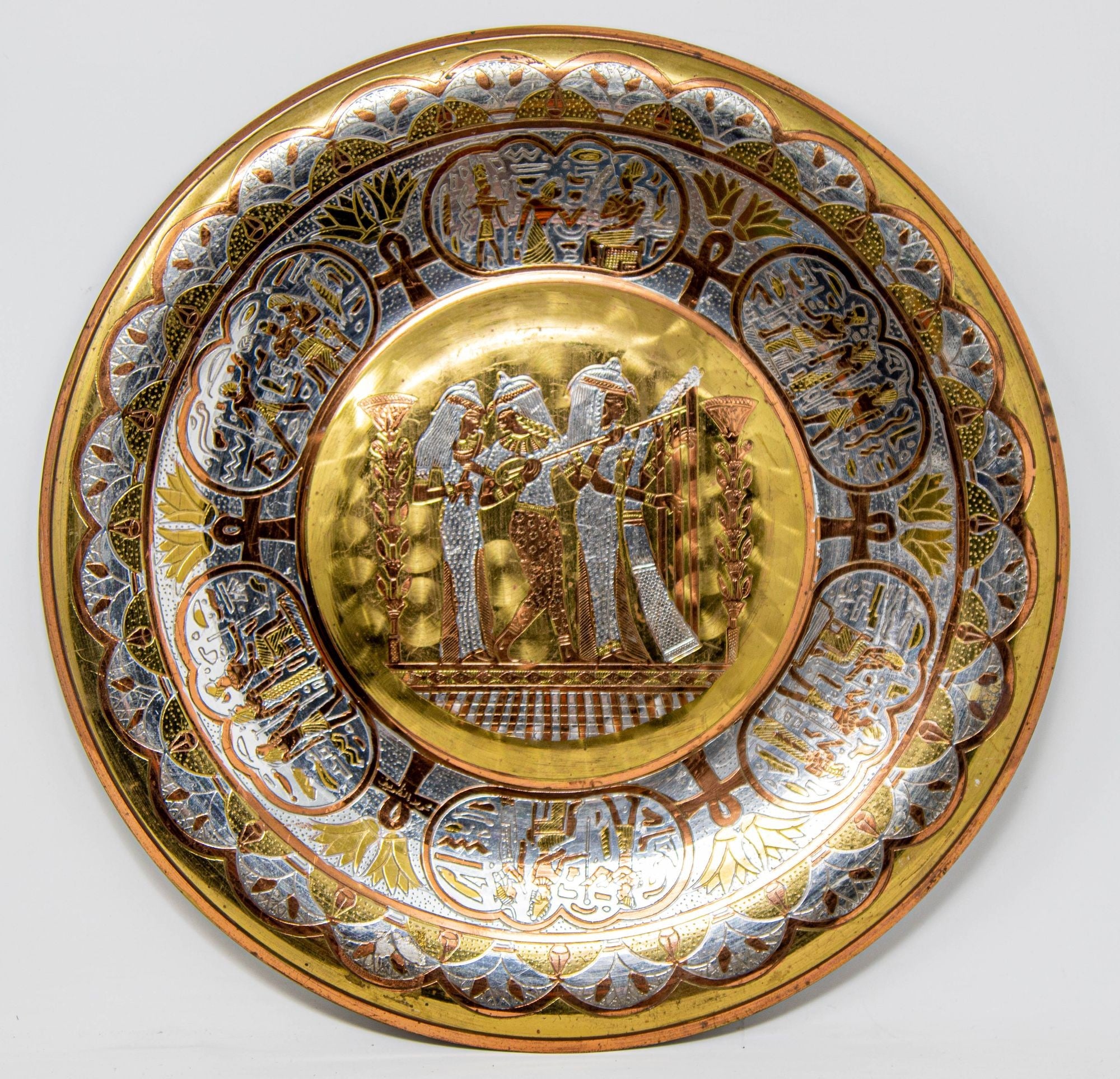 Egyptian Round Brass Tray with Silver and Copper Overlay Wall Hanging 1970