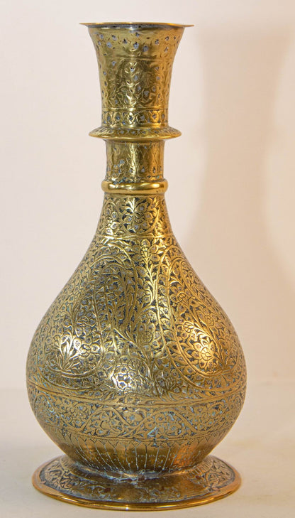 Antique Mughal Engraved Brass Vase, Indo-Persian, 19th Century