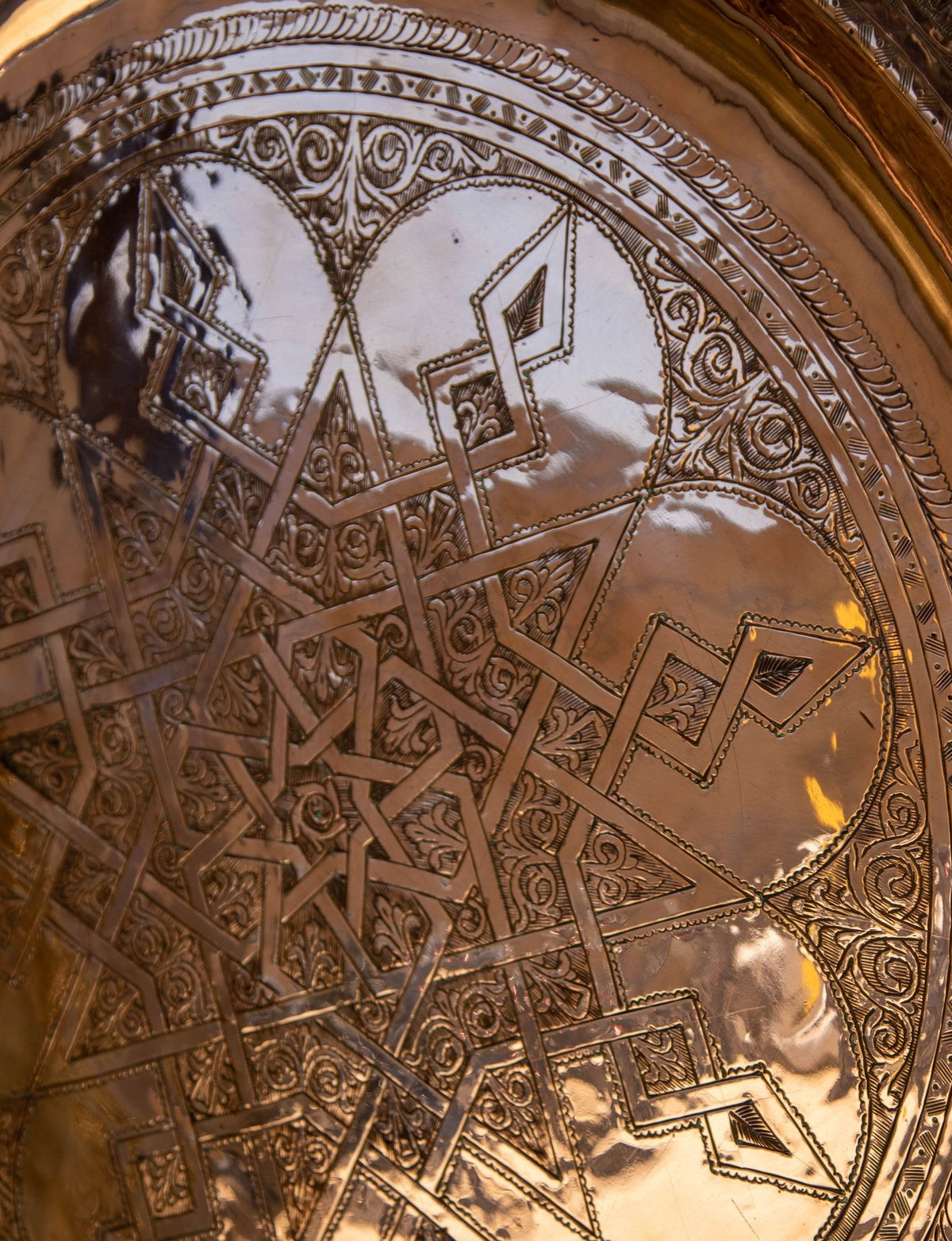 Antique Oversized Moroccan Metal Copper Tray 31 in Diameter