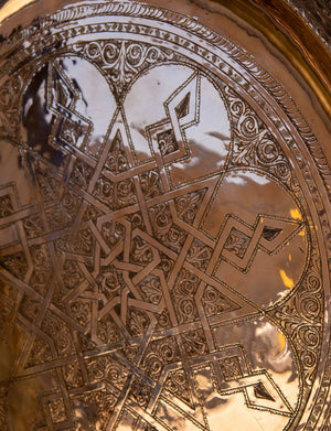 1920s Antique Hand Tooled Oversized Moroccan Metal Copper Tray 31 in. D.
