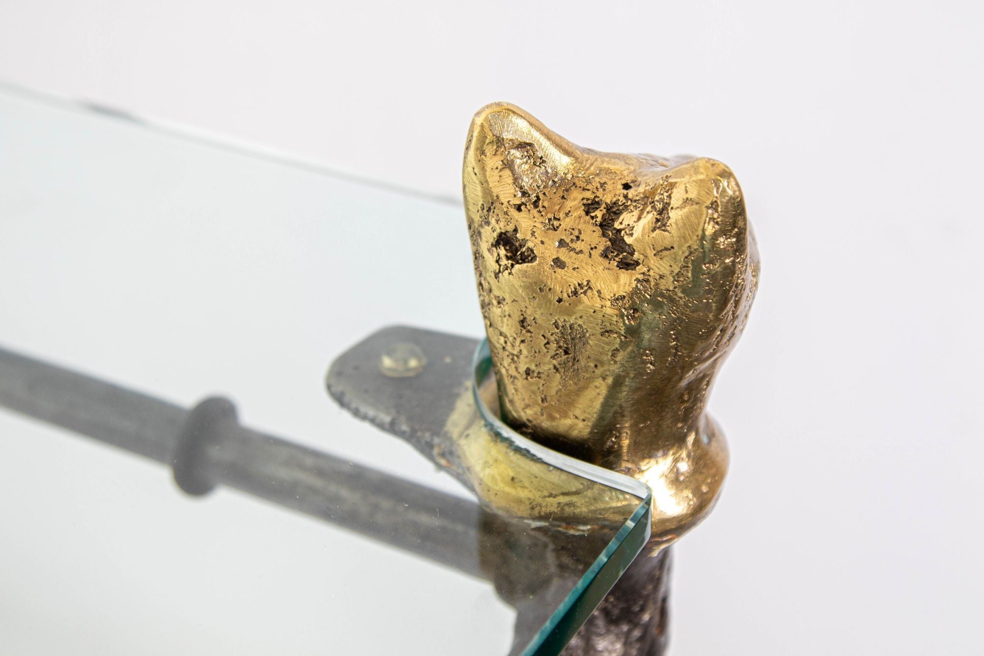 Giacometti Style Sculptural Brutalist Iron and Glass Console Table With Cat Head