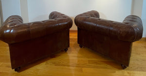 Vintage English Brown Leather Tufted Chesterfield Club Armchairs a Pair