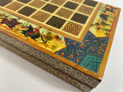 Vintage Persian Micro Mosaic Chess Box, Handcrafted Fruitwood, 1950s
