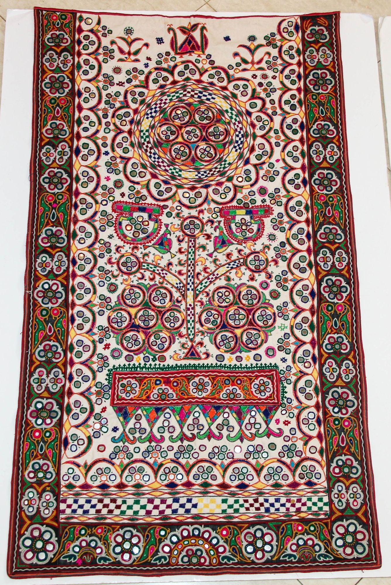 1920's Indian Gujarati Rabari Kutch Silk Embroidered Ethnic Textile with Mirror