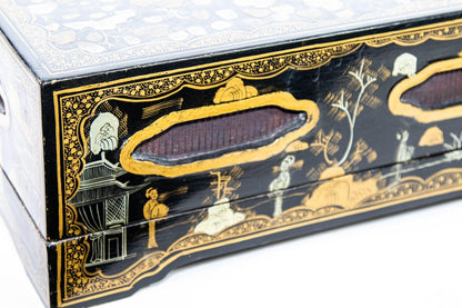 Large Chinoiserie Rectangular Black Lacquered Gilt Painted Covered Box 1950s — additional view 19