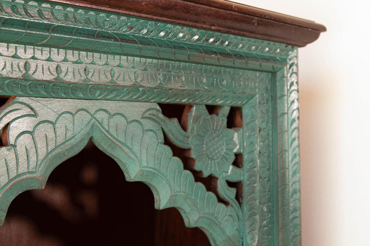 Hand-Carved Arch Bookshelf Wooden Cabinet in Rustic Blue