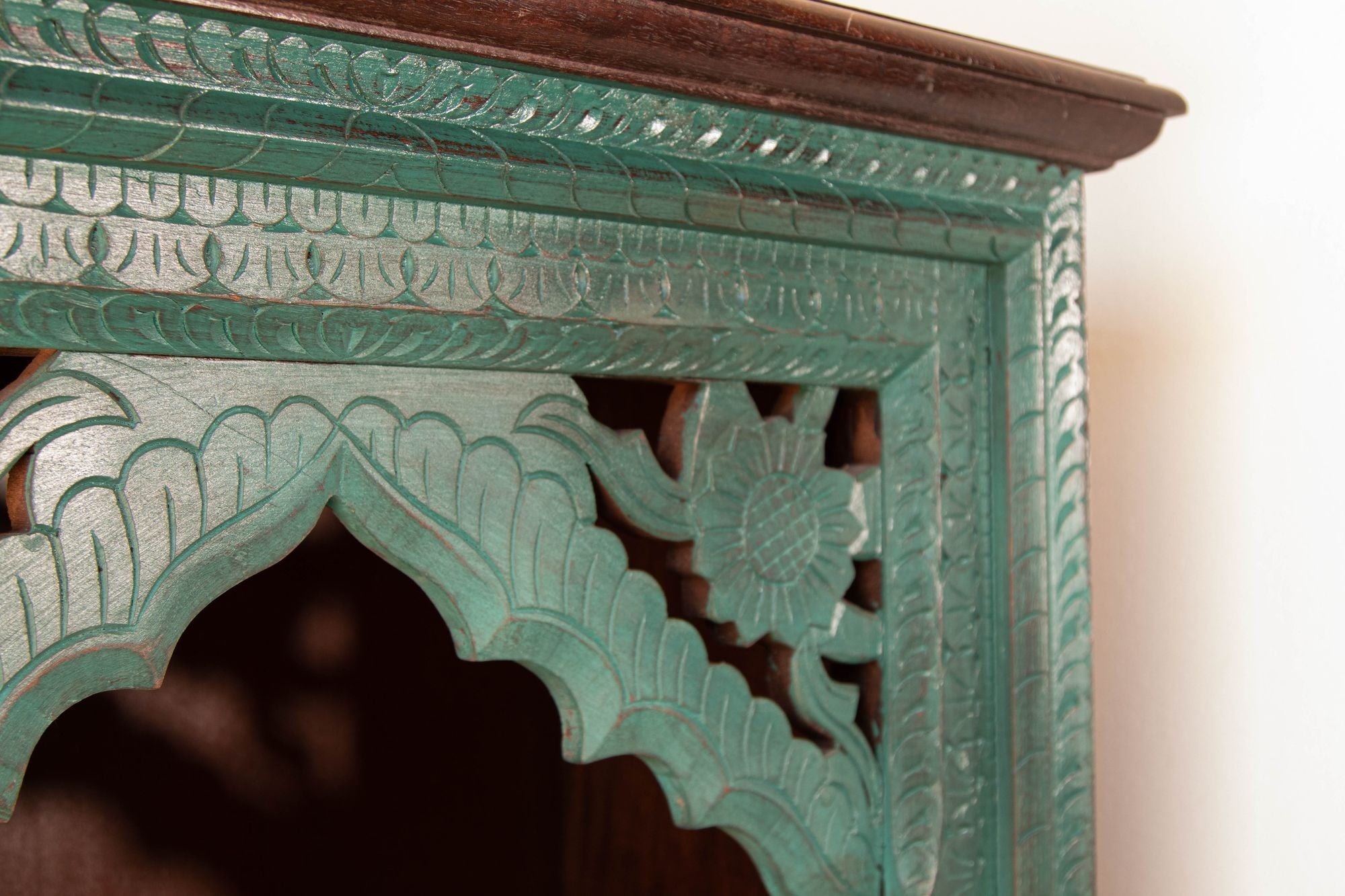 Hand-Carved Arch Bookshelf Wooden Cabinet in Rustic Blue