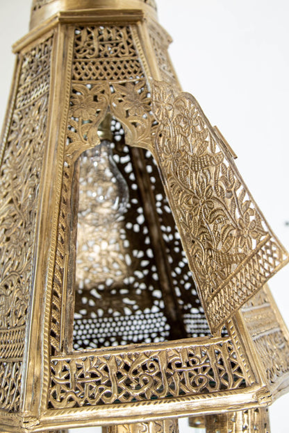 Antique Mamluk Turkish Pierced Brass Hanging Hexagonal Pendant Light Fixture