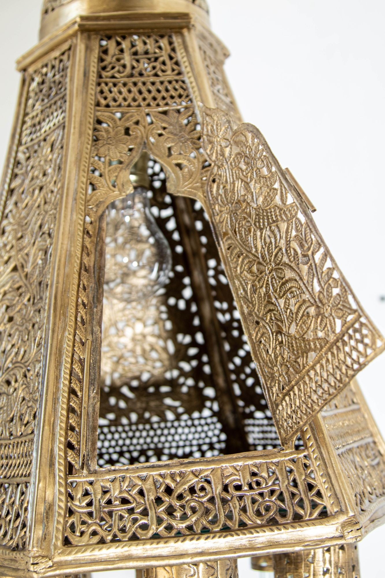 Antique Mamluk Turkish Pierced Brass Hanging Hexagonal Pendant Light Fixture