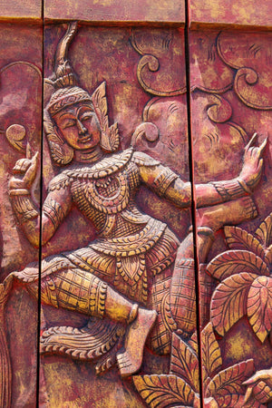 Antique Monumental Asian Hand-Carved Wooden Decorative Mural Panel 8ft