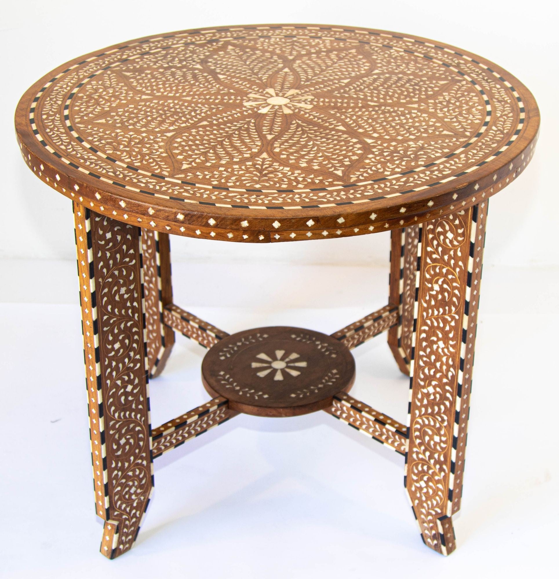 Anglo Indian Mughal Teak Wood Round Side Table with Bone Inlaid