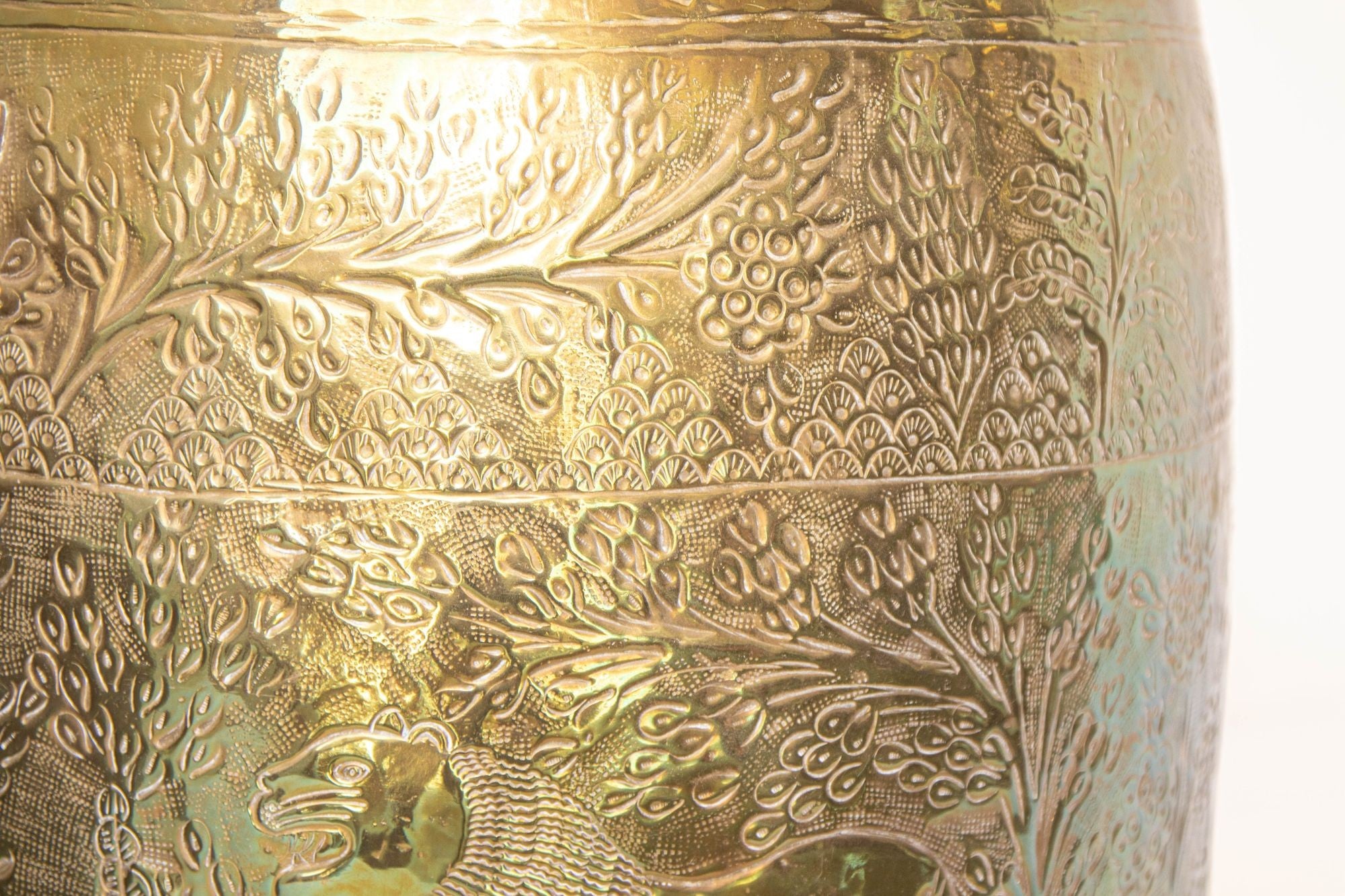 Large Vintage Polished Brass Planters Anglo Raj Hammered Jungle Design a Pair
