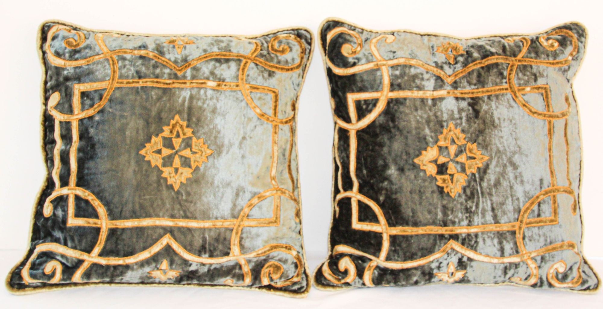 Baroque Venetian Style, Blue and Gold Velvet Pillow, Elaborate Applique Work