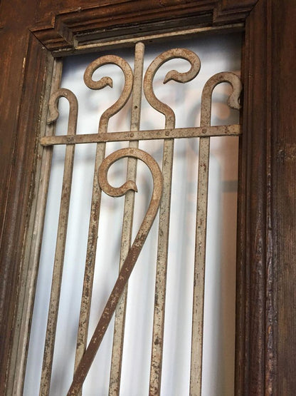 Set of French Painted Double Entry Door with Iron Insert