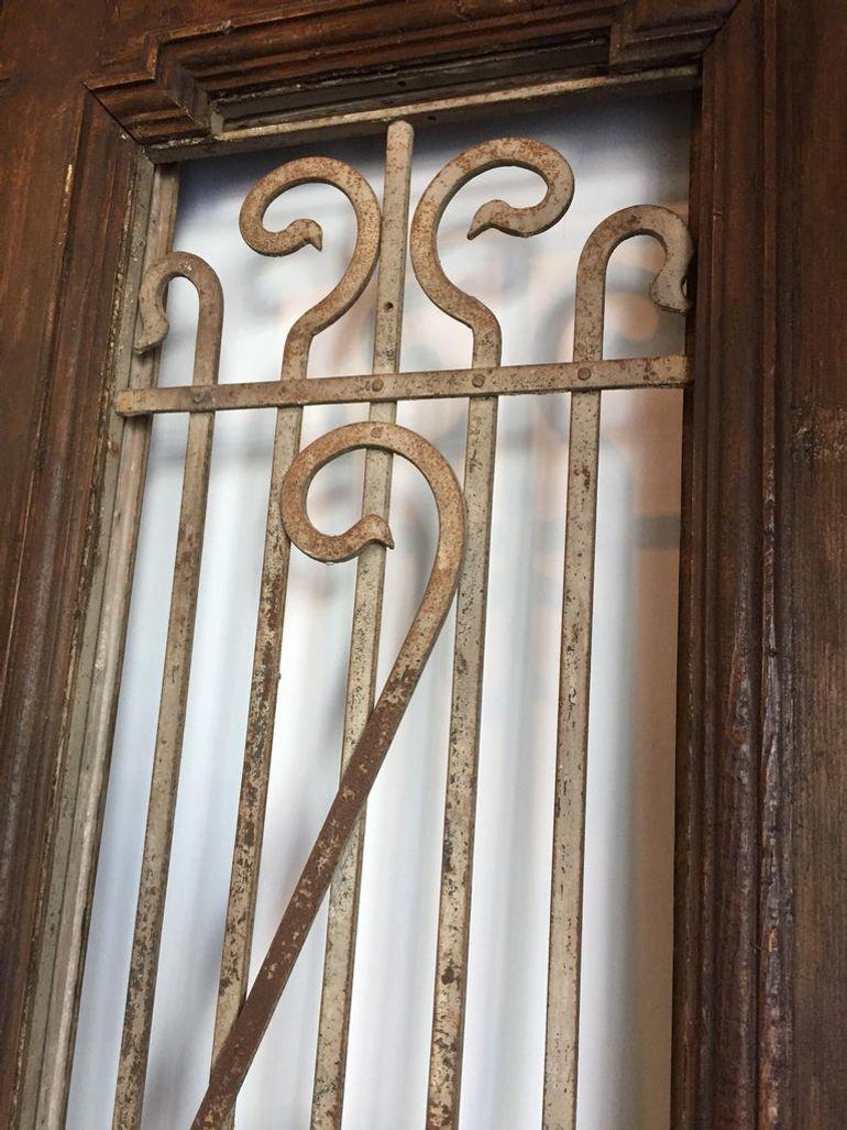 Antique French Painted Double Entry Doors with Transom Wood and Wrought Iron — France